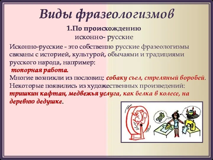 1.По происхождению исконно- русские Виды фразеологизмов Исконно-русские - это собственно русские