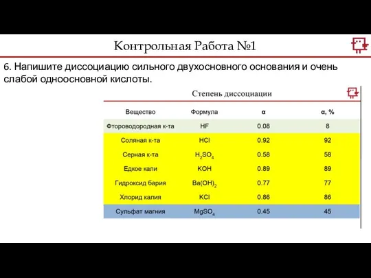 Контрольная Работа №1 6. Напишите диссоциацию сильного двухосновного основания и очень слабой одноосновной кислоты.