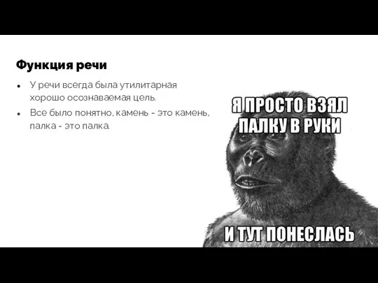 Функция речи У речи всегда была утилитарная хорошо осознаваемая цель. Все