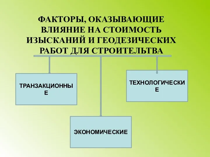 ФАКТОРЫ, ОКАЗЫВАЮЩИЕ ВЛИЯНИЕ НА СТОИМОСТЬ ИЗЫСКАНИЙ И ГЕОДЕЗИЧЕСКИХ РАБОТ ДЛЯ СТРОИТЕЛЬТВА ТЕХНОЛОГИЧЕСКИЕ ЭКОНОМИЧЕСКИЕ ТРАНЗАКЦИОННЫЕ