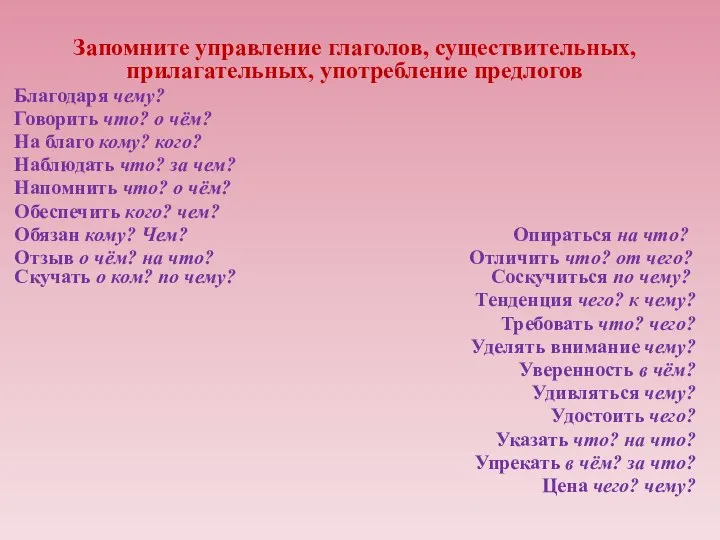 Запомните управление глаголов, существительных, прилагательных, употребление предлогов Благодаря чему? Говорить что?