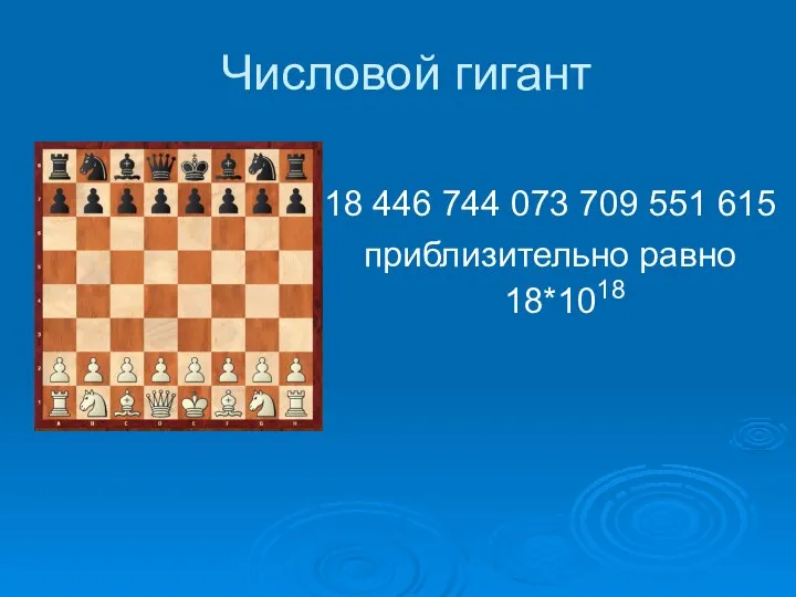 Числовой гигант 18 446 744 073 709 551 615 приблизительно равно 18*1018