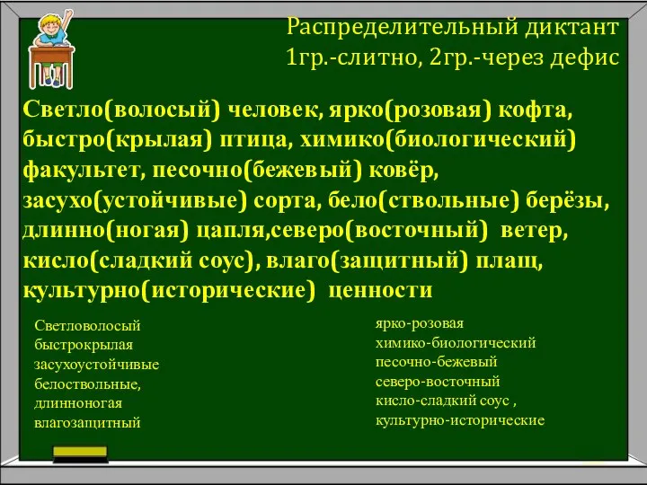 Распределительный диктант 1гр.-слитно, 2гр.-через дефис Светло(волосый) человек, ярко(розовая) кофта, быстро(крылая) птица,