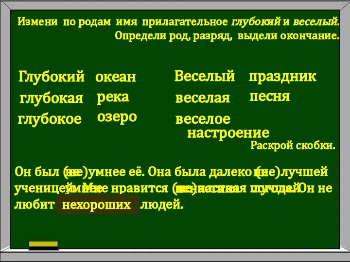 Измени по родам имя прилагательное глубокий и веселый. Определи род, разряд,