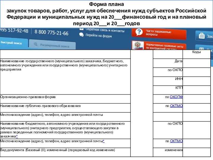 Форма плана закупок товаров, работ, услуг для обеспечения нужд субъектов Российской