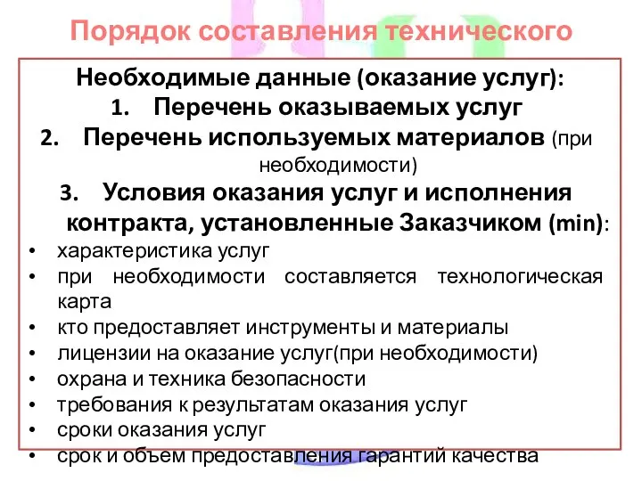 Порядок составления технического задания Необходимые данные (оказание услуг): Перечень оказываемых услуг