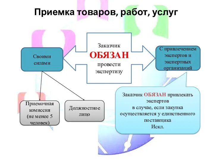 Приемка товаров, работ, услуг Заказчик ОБЯЗАН провести экспертизу Своими силами С