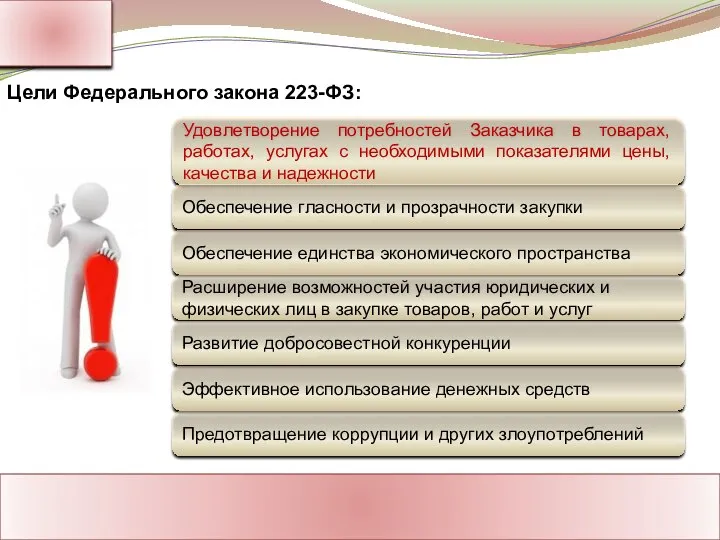 Цели Федерального закона 223-ФЗ: Удовлетворение потребностей Заказчика в товарах, работах, услугах