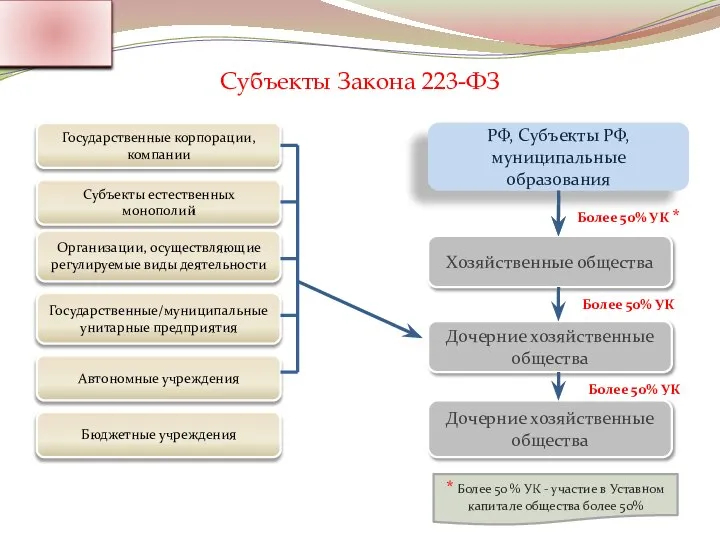 Субъекты Закона 223-ФЗ Государственные корпорации, компании Субъекты естественных монополий Организации, осуществляющие