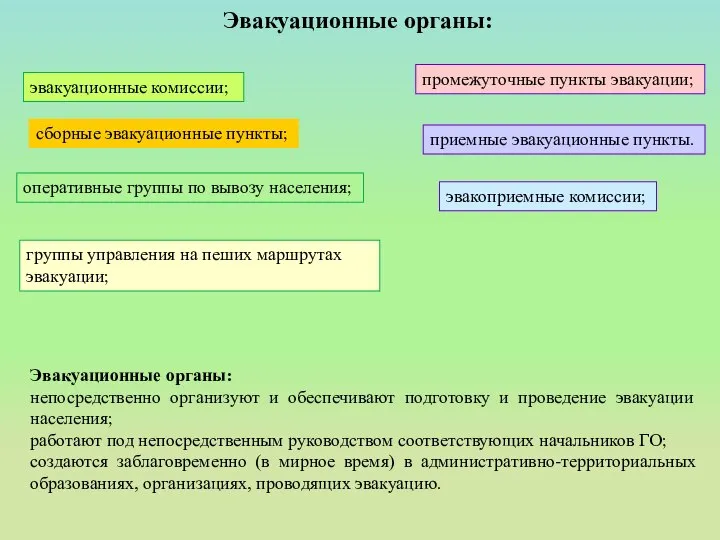 Эвакуационные органы: непосредственно организуют и обеспечивают подготовку и проведение эвакуации населения;