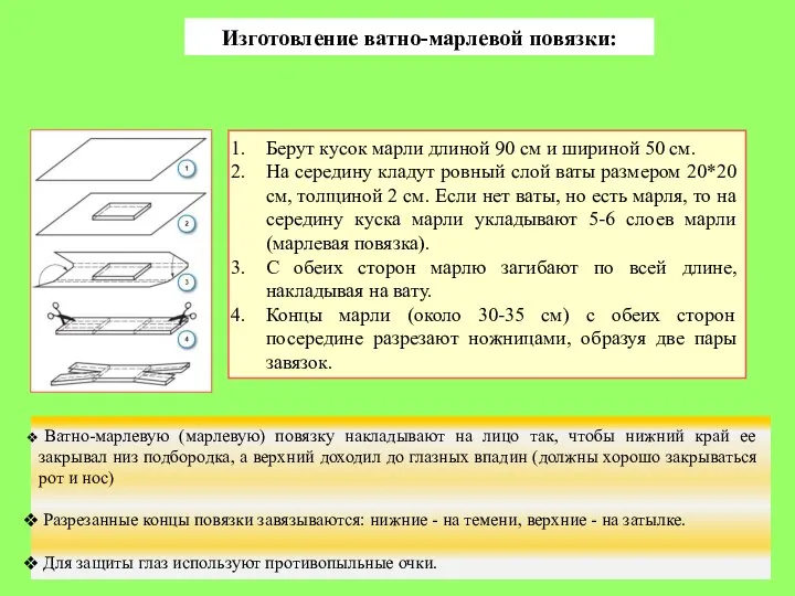 Изготовление ватно-марлевой повязки: Берут кусок марли длиной 90 см и шириной