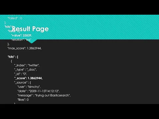 Result Page { "timed_out": false, "took": 62, "_shards":{ "total" : 10,