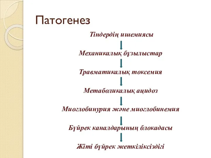 Патогенез Тіндердің ишемиясы Механикалық бұзылыстар Травматикалық токсемия Метаболикалық ацидоз Миоглобинурия және