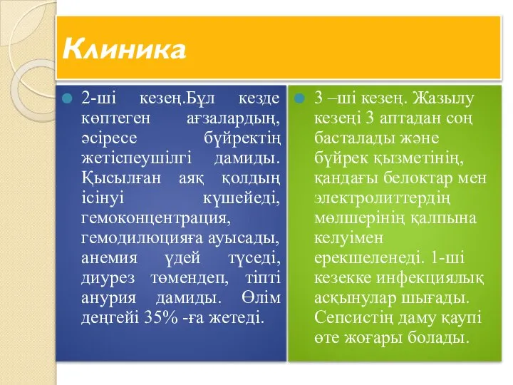 Клиника 2-ші кезең.Бұл кезде көптеген ағзалардың, әсіресе бүйректің жетіспеушілгі дамиды. Қысылған