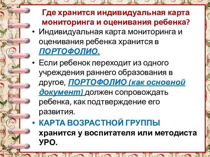 Где хранится индивидуальная карта мониторинга и оценивания ребенка? Индивидуальная карта мониторинга