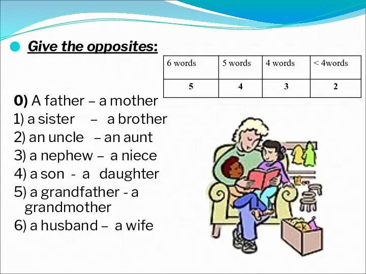 Give the opposites: 0) A father – a mother 1) a