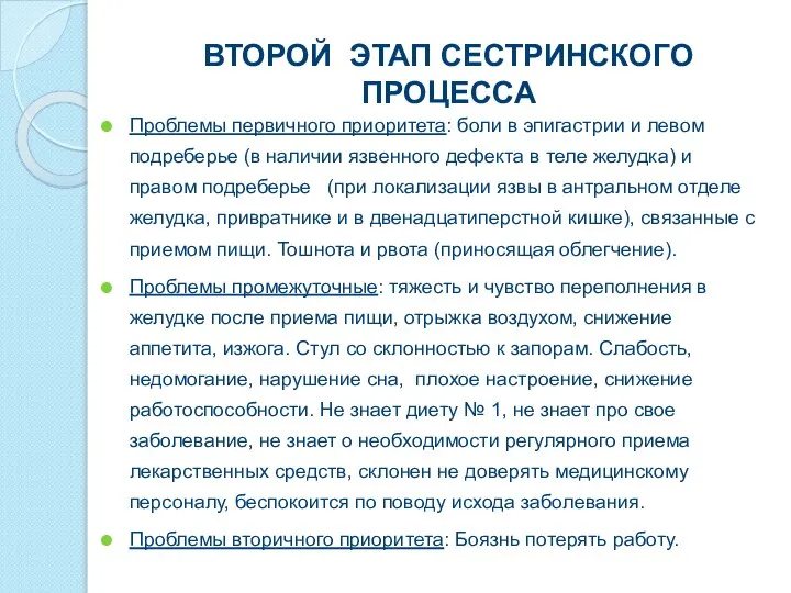 ВТОРОЙ ЭТАП СЕСТРИНСКОГО ПРОЦЕССА Проблемы первичного приоритета: боли в эпигастрии и