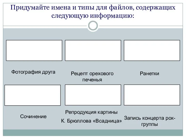 Придумайте имена и типы для файлов, содержащих следующую информацию: Фотография друга