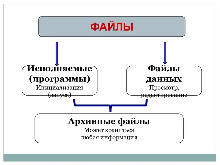 ФАЙЛЫ Исполняемые (программы) Инициализация (запуск) Архивные файлы Может храниться любая информация Файлы данных Просмотр, редактирование