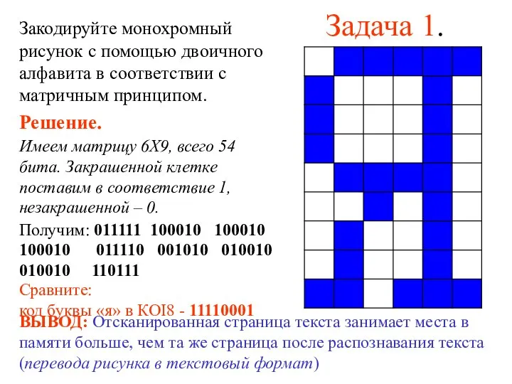 Задача 1. Закодируйте монохромный рисунок с помощью двоичного алфавита в соответствии