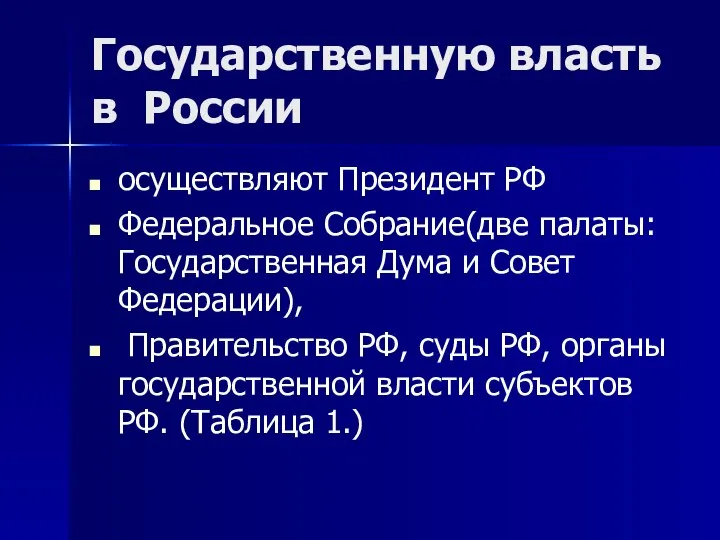 Государственную власть в России осуществляют Президент РФ Федеральное Собрание(две палаты: Государственная