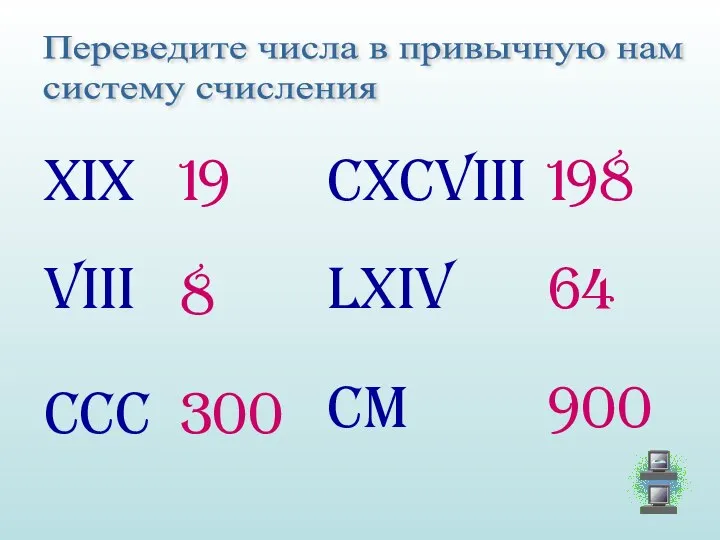 Переведите числа в привычную нам систему счисления XIX VIII CCC CxCVIII