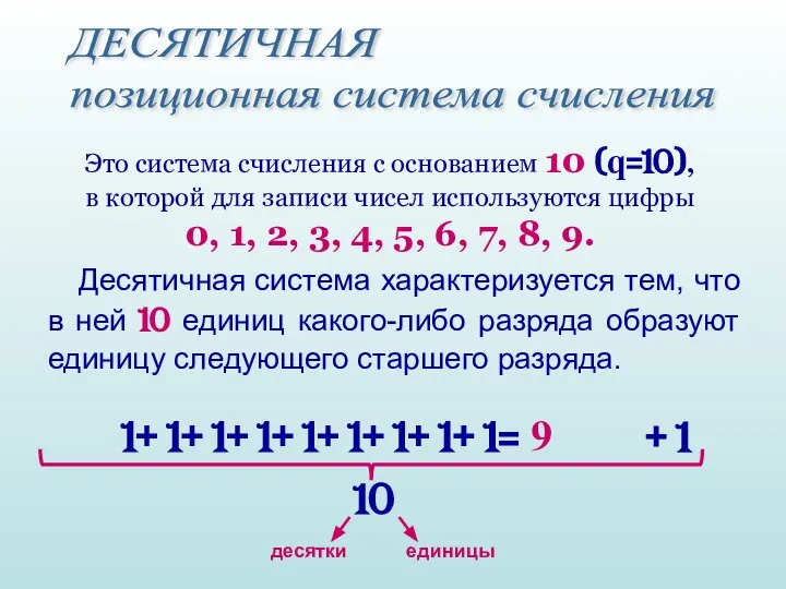 Это система счисления с основанием 10 (q=10), в которой для записи