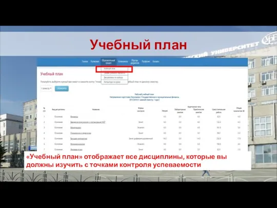 Учебный план «Учебный план» отображает все дисциплины, которые вы должны изучить с точками контроля успеваемости
