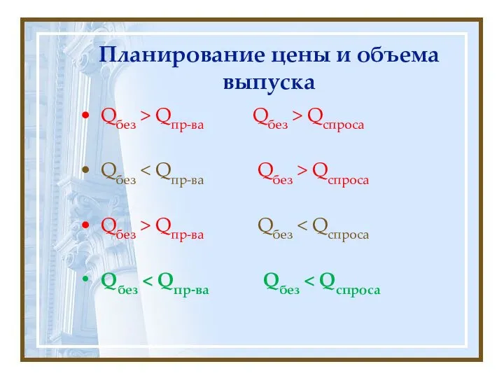 Планирование цены и объема выпуска Qбез > Qпр-ва Qбез > Qспроса