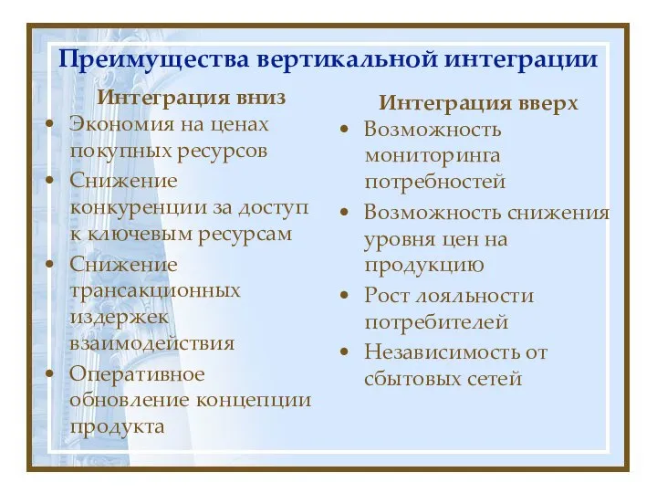 Преимущества вертикальной интеграции Интеграция вниз Экономия на ценах покупных ресурсов Снижение