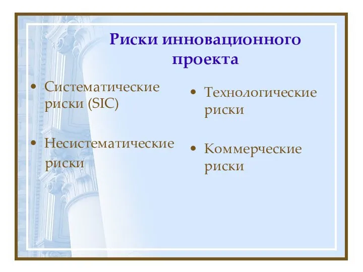 Риски инновационного проекта Систематические риски (SIC) Несистематические риски Технологические риски Коммерческие риски