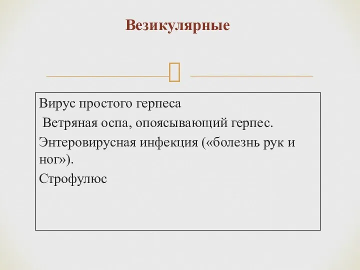 Вирус простого герпеса Ветряная оспа, опоясывающий герпес. Энтеровирусная инфекция («болезнь рук и ног»). Строфулюс Везикулярные