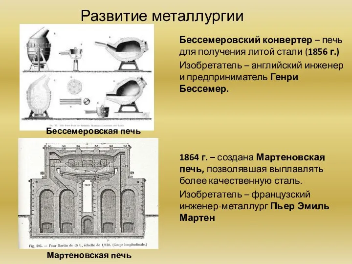 Развитие металлургии Бессемеровский конвертер – печь для получения литой стали (1856