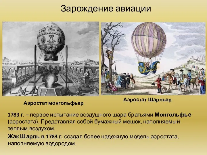 Зарождение авиации 1783 г. – первое испытание воздушного шара братьями Монгольфье