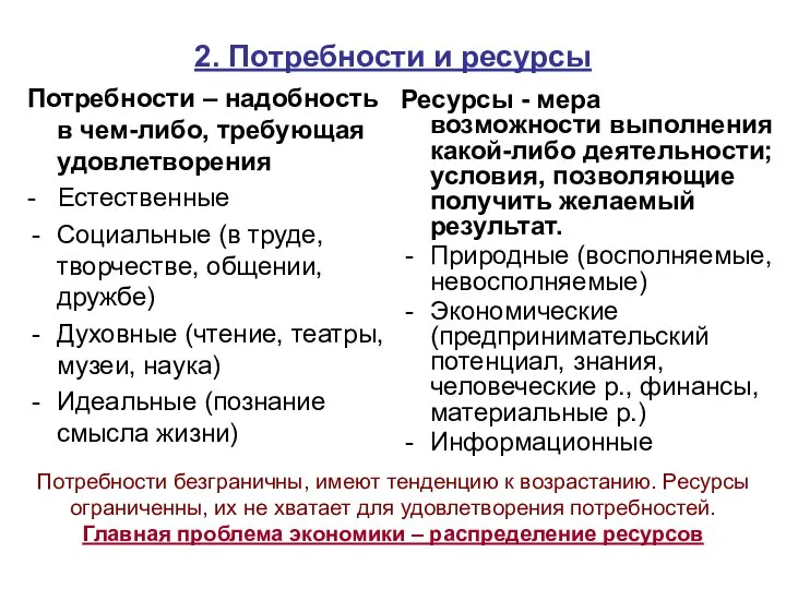 2. Потребности и ресурсы Потребности – надобность в чем-либо, требующая удовлетворения