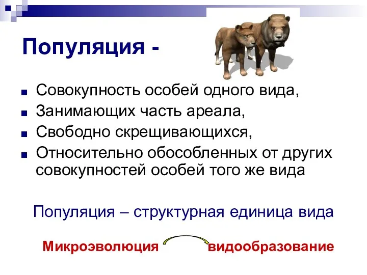 Популяция - Совокупность особей одного вида, Занимающих часть ареала, Свободно скрещивающихся,