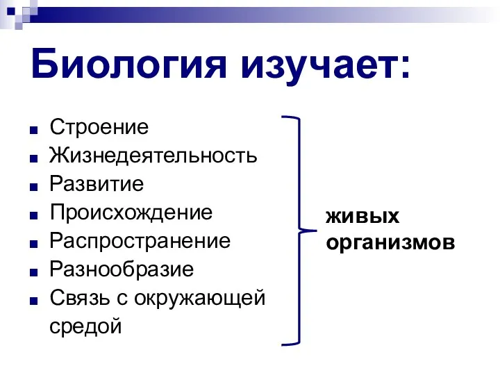 Биология изучает: Строение Жизнедеятельность Развитие Происхождение Распространение Разнообразие Связь с окружающей средой живых организмов