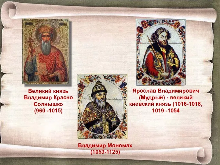 Великий князь Владимир Красно Солнышко (960 -1015) Ярослав Владимирович (Мудрый) -