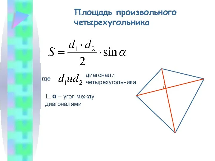 Площадь произвольного четырехугольника где диагонали четырехугольника ∟α – угол между диагоналями