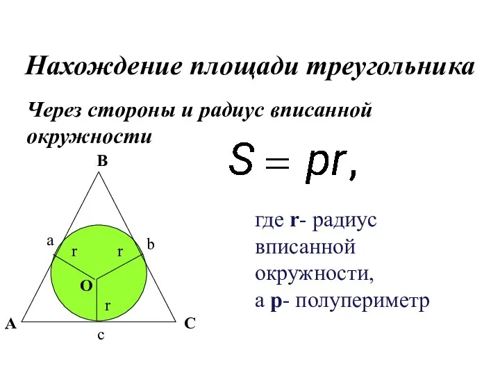 Через стороны и радиус вписанной окружности где r- радиус вписанной окружности,