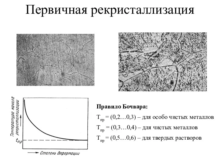 Первичная рекристаллизация Правило Бочвара: Тпр = (0,2…0,3) – для особо чистых