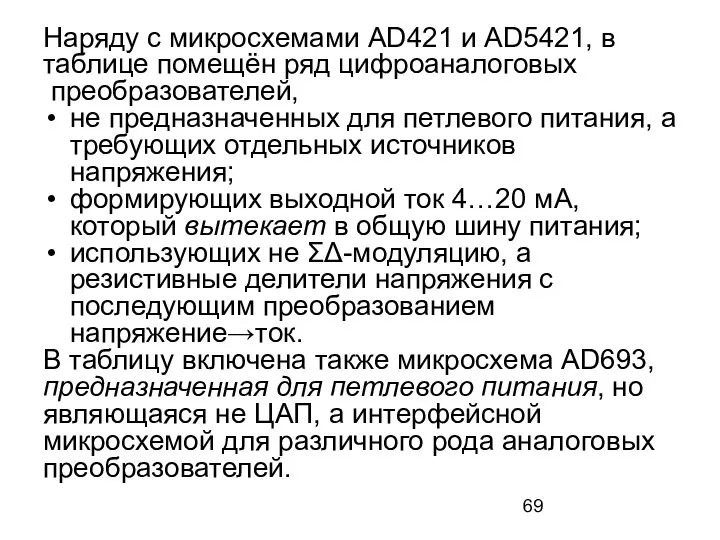 Наряду с микросхемами AD421 и AD5421, в таблице помещён ряд цифроаналоговых