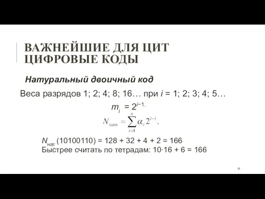 ВАЖНЕЙШИЕ ДЛЯ ЦИТ ЦИФРОВЫЕ КОДЫ Натуральный двоичный код Веса разрядов 1;