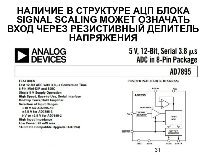 НАЛИЧИЕ В СТРУКТУРЕ АЦП БЛОКА SIGNAL SCALING МОЖЕТ ОЗНАЧАТЬ ВХОД ЧЕРЕЗ РЕЗИСТИВНЫЙ ДЕЛИТЕЛЬ НАПРЯЖЕНИЯ