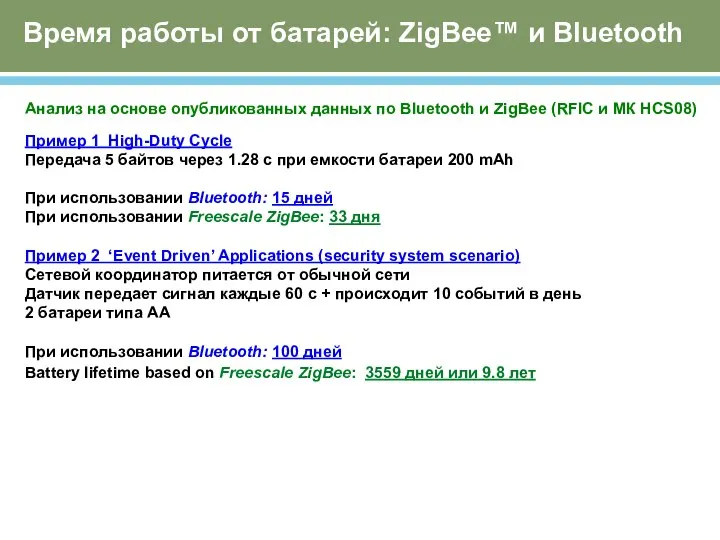 Время работы от батарей: ZigBee™ и Bluetooth Анализ на основе опубликованных