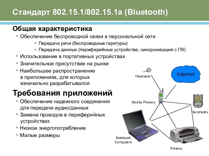 Стандарт 802.15.1/802.15.1а (Bluetooth) Общая характеристика Обеспечение беспроводной связи в персональной сети