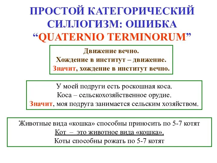 ПРОСТОЙ КАТЕГОРИЧЕСКИЙ СИЛЛОГИЗМ: ОШИБКА “QUATERNIO TERMINORUM” Движение вечно. Хождение в институт