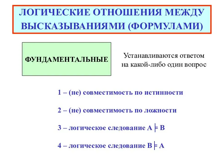 ЛОГИЧЕСКИЕ ОТНОШЕНИЯ МЕЖДУ ВЫСКАЗЫВАНИЯМИ (ФОРМУЛАМИ) ФУНДАМЕНТАЛЬНЫЕ Устанавливаются ответом на какой-либо один