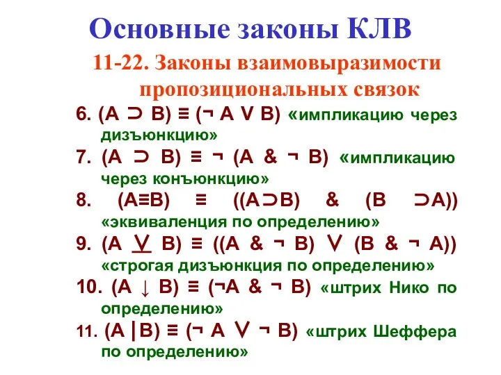 Основные законы КЛВ 11-22. Законы взаимовыразимости пропозициональных связок 6. (A ⊃