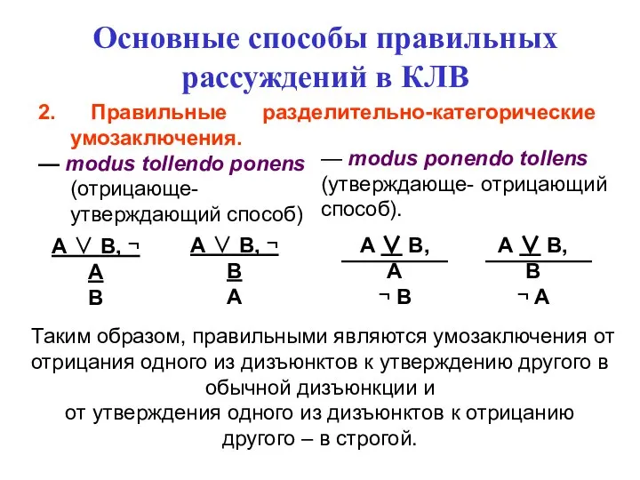 Основные способы правильных рассуждений в КЛВ 2. Правильные разделительно-категорические умозаключения. —